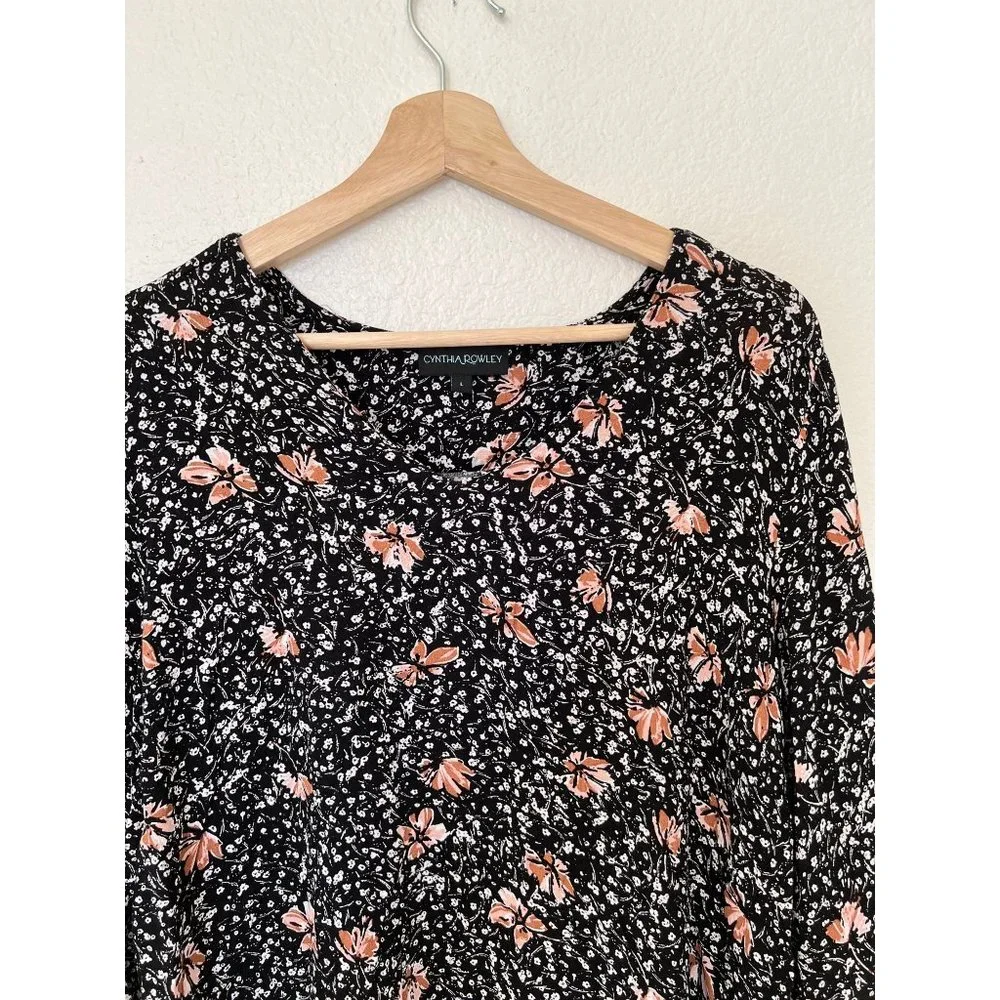 Rowley Cynthia Floral Black Blouse Top Size Large Sleeve Linen Womens Women's 3/ - Picture 2 of 5